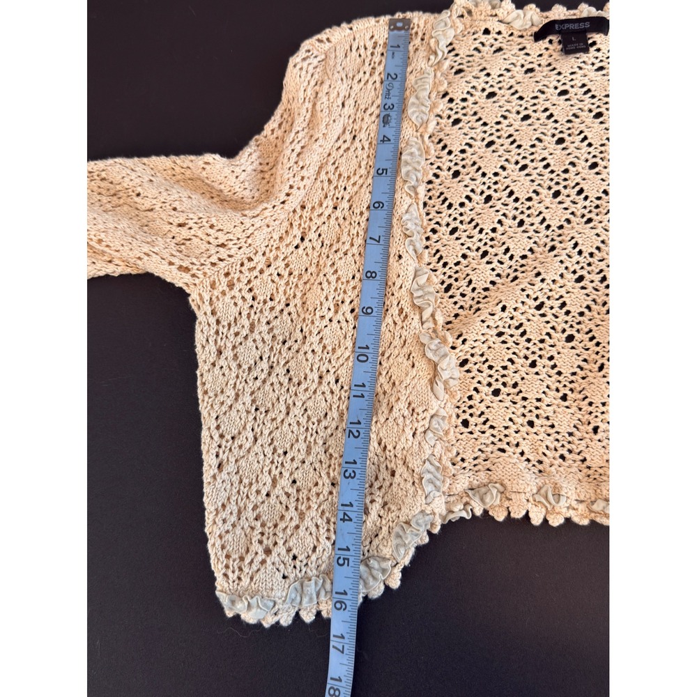 Express Cropped Crochet Cardigan Y2K Tan Metallic Coquette Knit Ruffle Large - Picture 12 of 12
